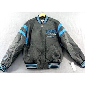 58 Sports Carolina Panthers Jacket Mens M Black Leather Bomber Full-Zip Long Slv